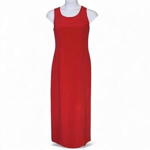 Vintage 90s YL Red Silk Maxi Dress Women’s 12 Sleeveless Scoop Neck Slit Glam